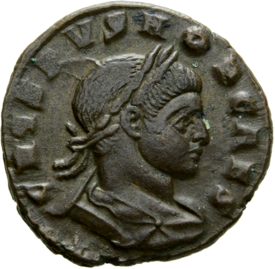 RIC VII Arelate 129 Constantine I obverse, Bust of Crispus, laureate, draped, cuirassed, right, seen from behind