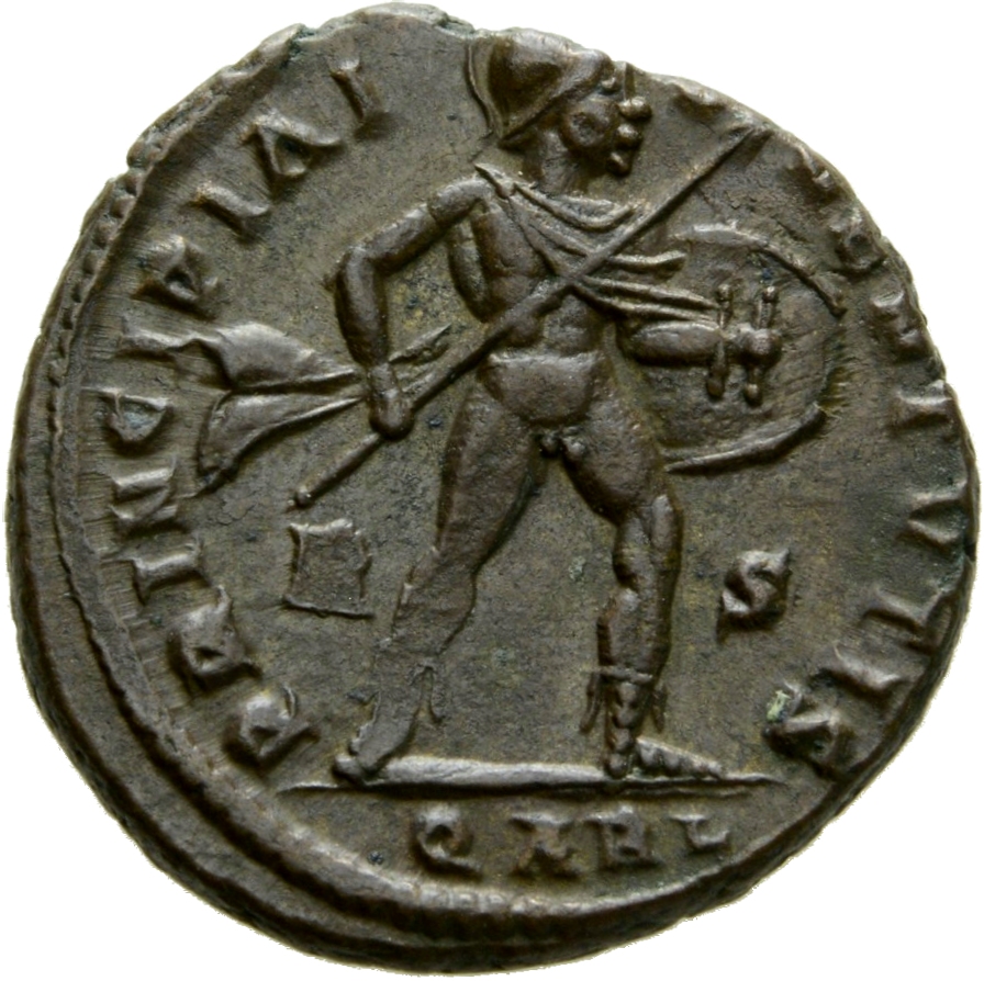Constantine I reverse — Mars, helmeted, nude, chlamys flying, advancing right, holding transverse spear in right hand and shield in left hand