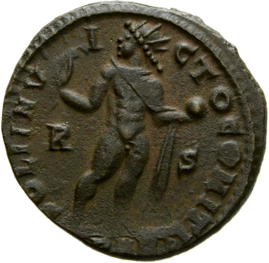 RIC VII Arelate 138 Constantine I reverse, Sol, radiate, chlamys draped across left shoulder, standing right, head left, r...