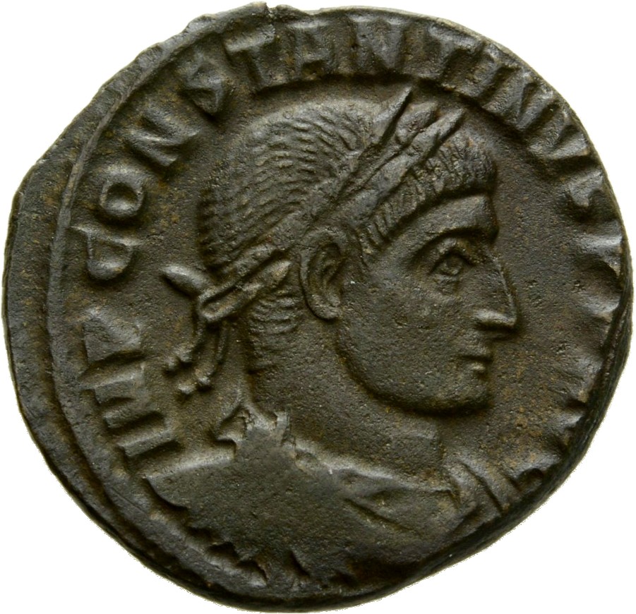 Constantine I obverse — Bust of Constantine I, laureate, draped, cuirassed, right