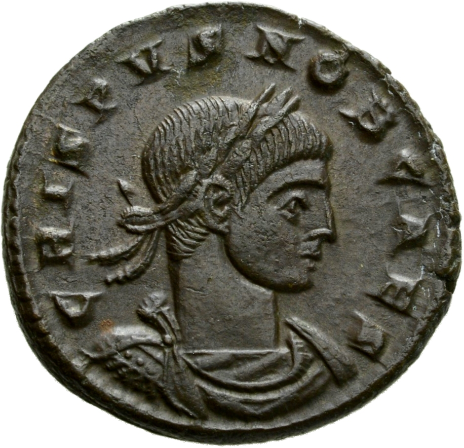 RIC VII Arelate 143 Constantine I obverse, Bust of Crispus, laureate, draped, cuirassed, right