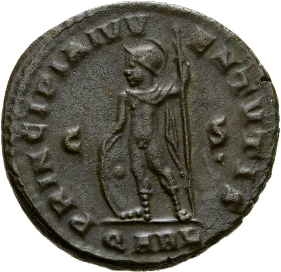 Constantine I reverse — Mars, helmeted, nude, chlamys draped across left shoulder, standing left, leaning on shield with right hand and holding reversed vertical spear in left hand