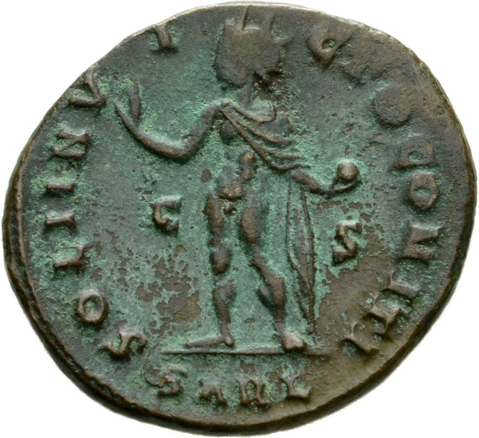 RIC VII Arelate 145 Constantine I reverse, Sol, radiate, chlamys draped across left shoulder, standing left, raising right...