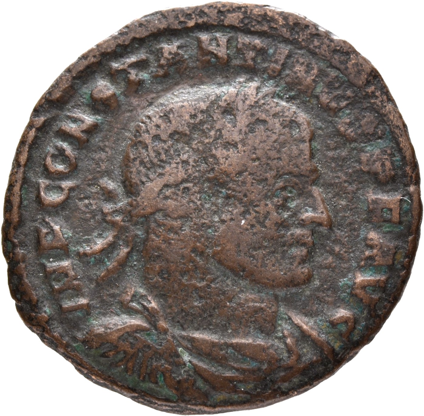 Constantine I obverse — Bust of Constantine I, laureate, draped, cuirassed, right