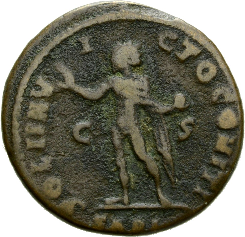 Constantine I reverse — Sol, radiate, chlamys draped across left shoulder, standing left, raising right hand and holding globe in left hand