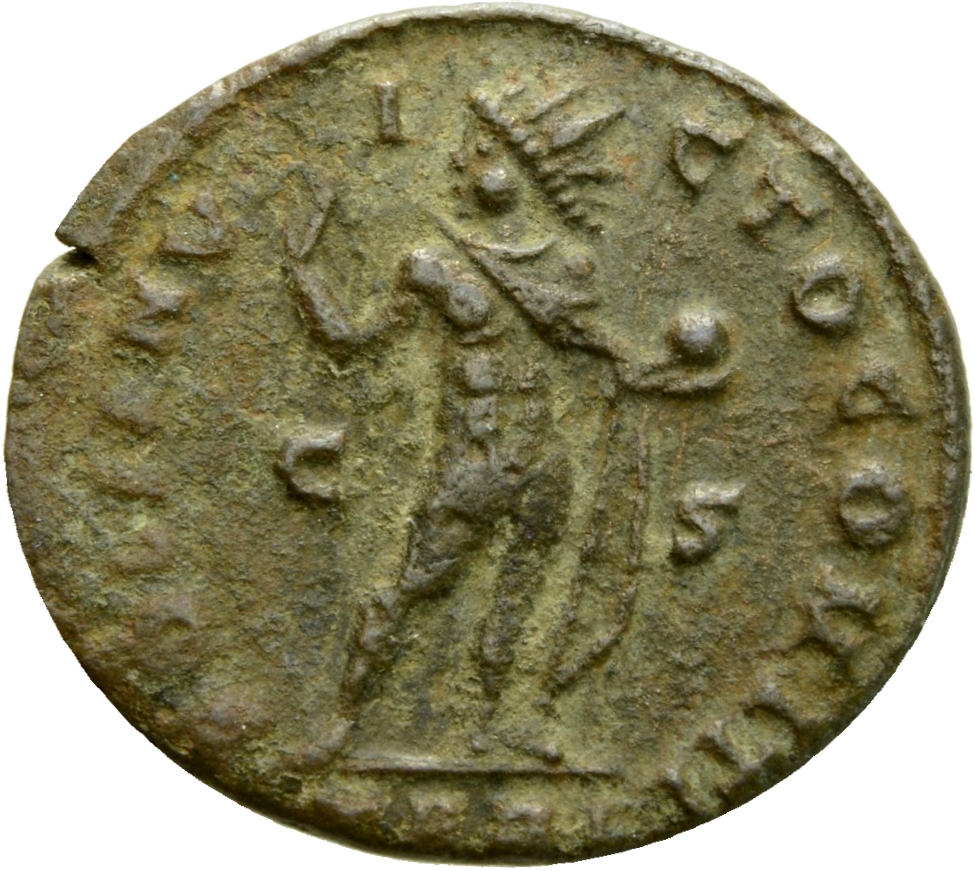RIC VII Arelate 150 Constantine I reverse, Sol, radiate, chlamys draped across left shoulder, standing right, head left, r...