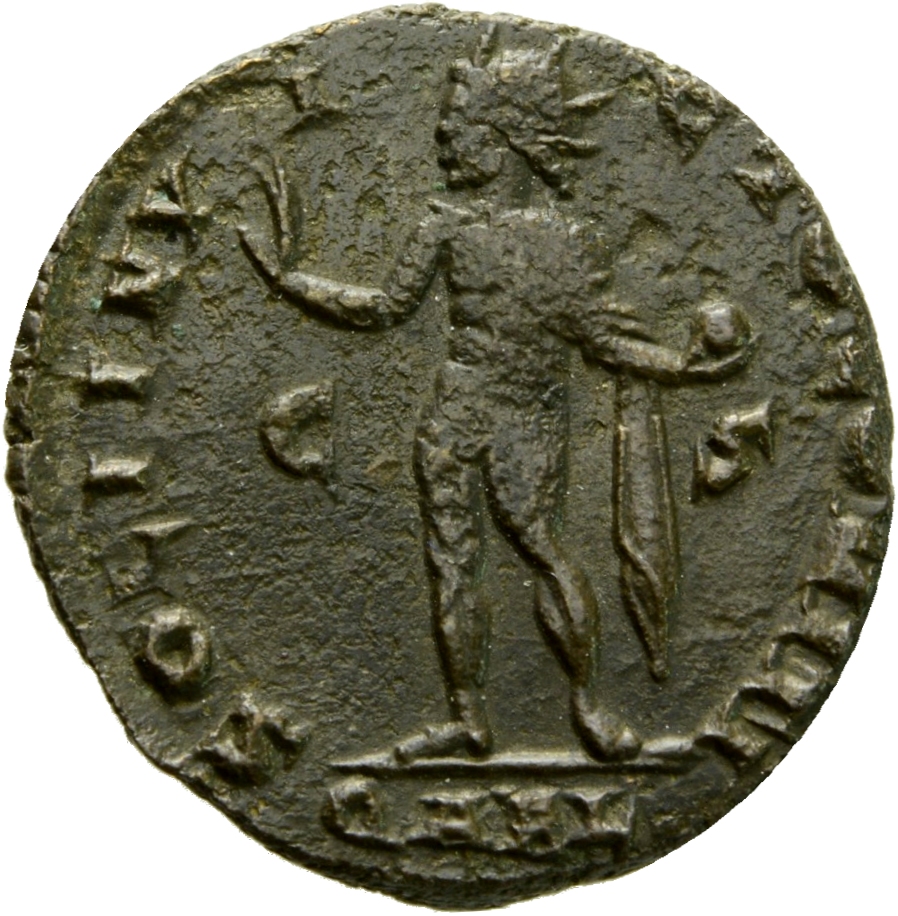 Constantine I reverse — Sol, radiate, chlamys draped across left shoulder, standing right, head left, raising right hand and holding globe in left hand