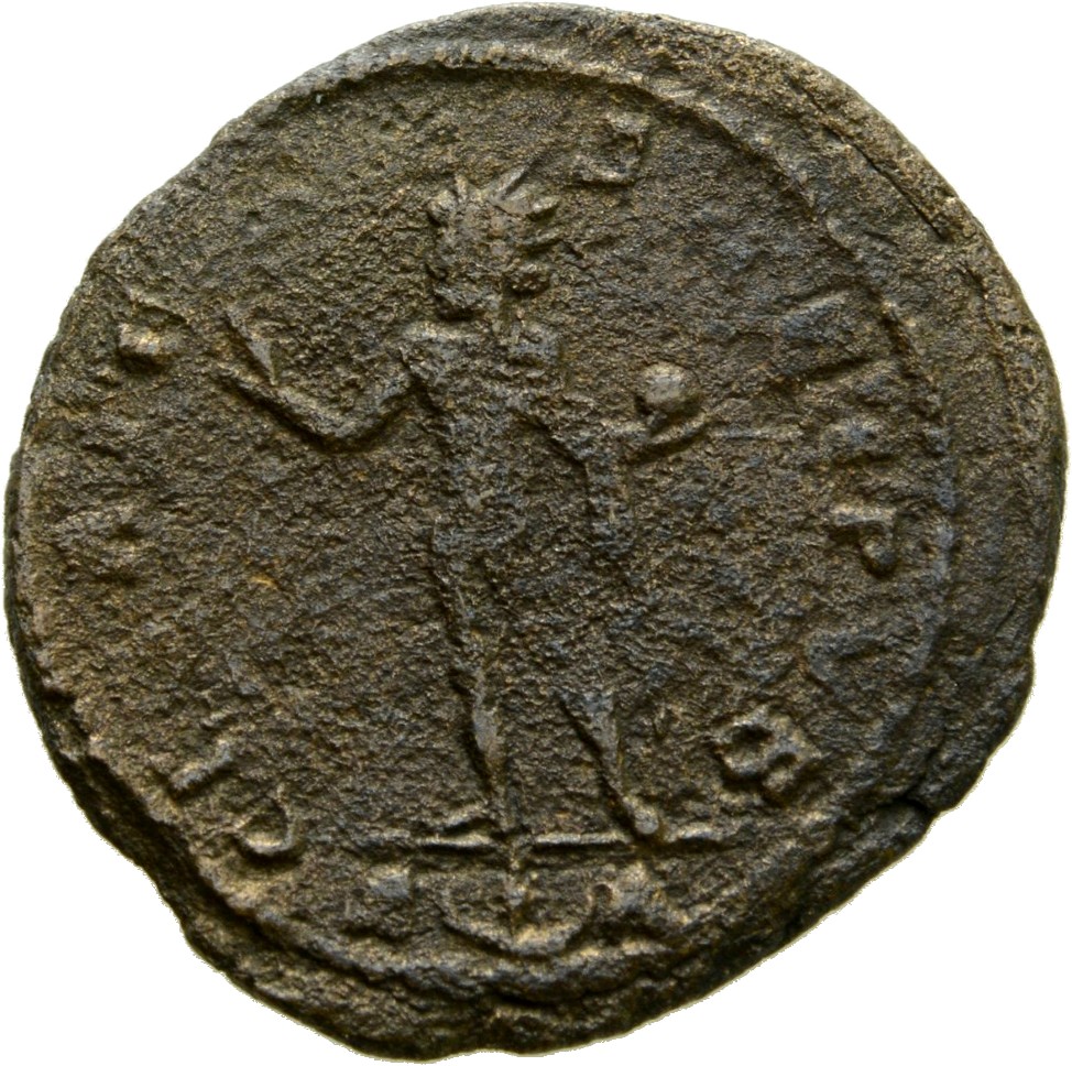 RIC VII Arelate 156 Constantine I reverse, Sol, radiate, chlamys draped across left shoulder, standing left, raising right...