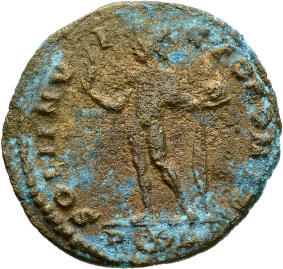 RIC VII Arelate 164 Constantine I reverse, Sol, radiate, chlamys draped across left shoulder, standing left, raising right...