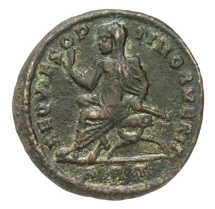RIC VII Arelate 175 Constantine I reverse, Constantius Chlorus, veiled, draped, seated left in curule chair, raising right...