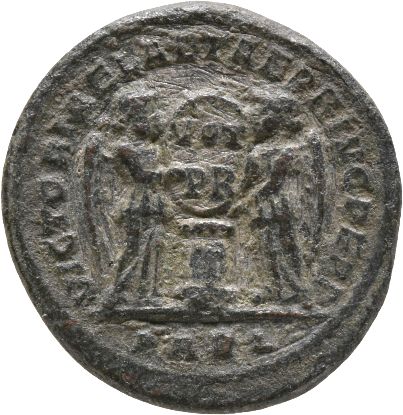 RIC VII Arelate 190 Constantine I reverse, Two Victories, winged, draped, facing each other, holding a shield inscribed VO...