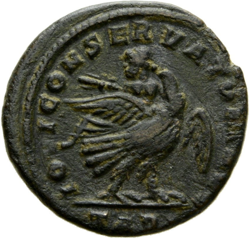 Constantine I reverse — Licinius, holding thunderbolt in right hand and sceptre in left hand; eagle standing right, holding wings horizontally, looking back