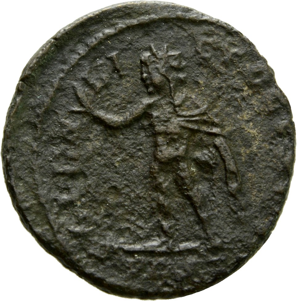 Constantine I reverse — Sol, radiate, chlamys flying under left arm, standing left, raising right hand and holding globe in left hand
