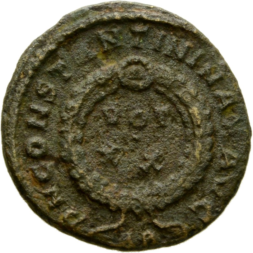 RIC VII Arelate 223 Constantine I reverse, VOT/XX within a laurel wreath