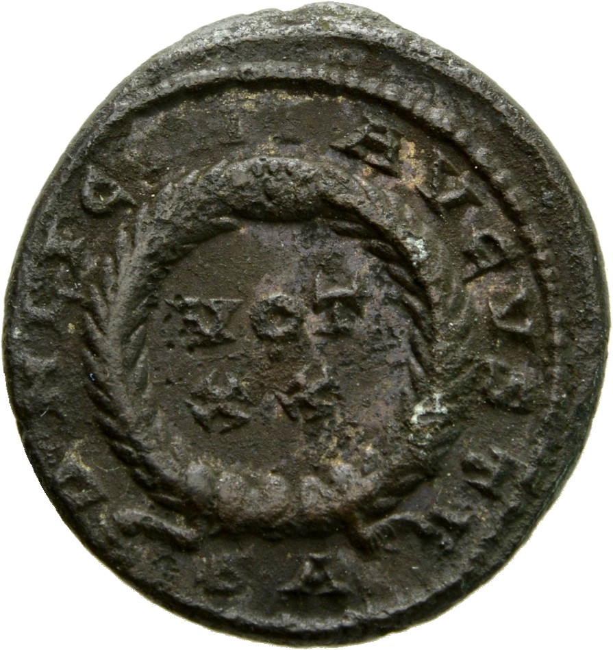 RIC VII Arelate 229 Constantine I reverse, VOT/XX within a laurel wreath