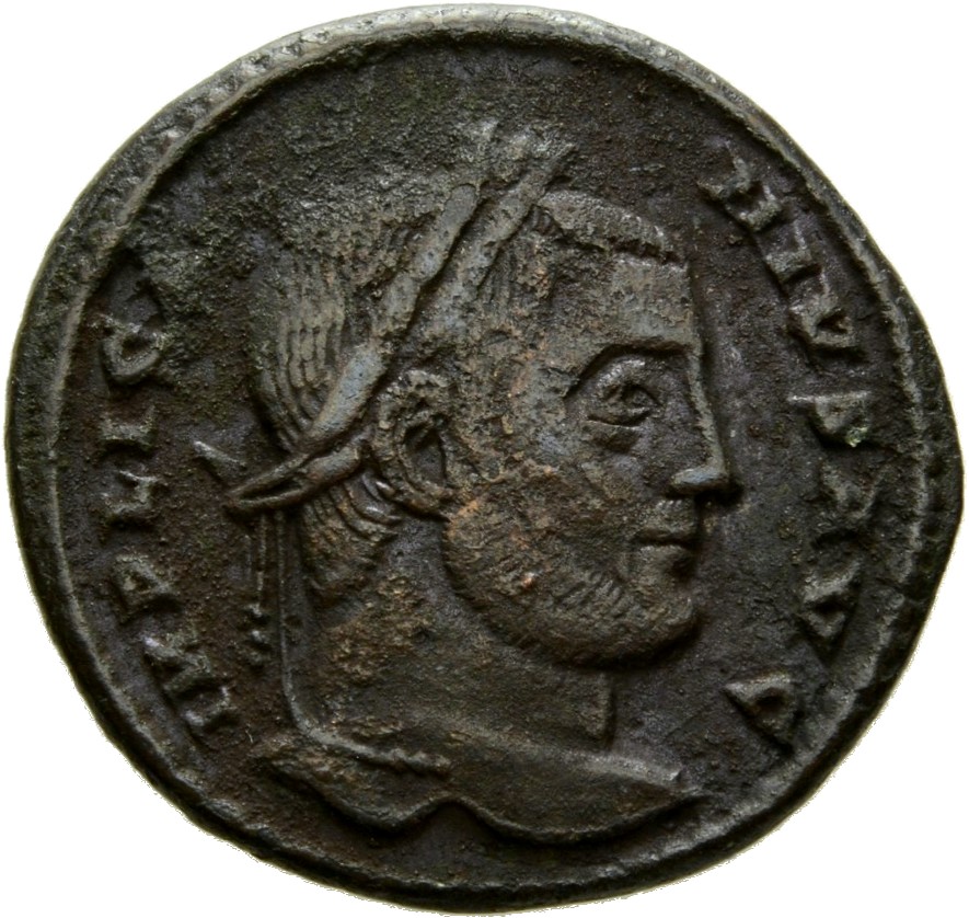 Constantine I obverse — Head of Licinius, laureate, right