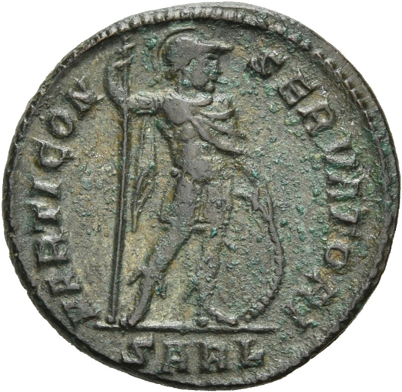 RIC VII Arelate 23 Constantine I reverse, Mars, helmeted, draped, cuirassed, standing right, resting right hand on shield ...