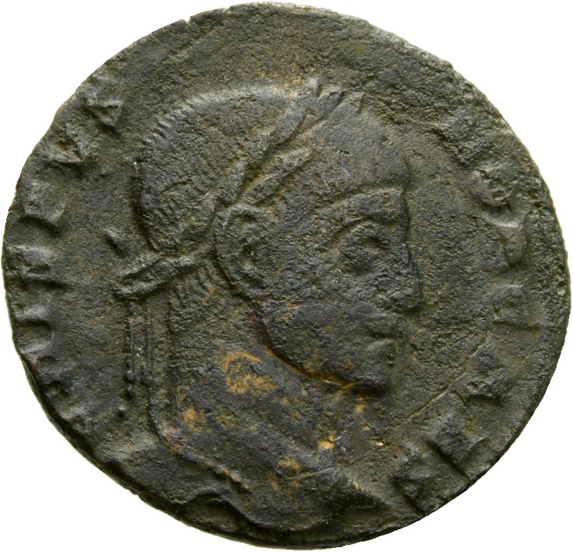 Constantine I obverse — Head of Crispus, laureate, right