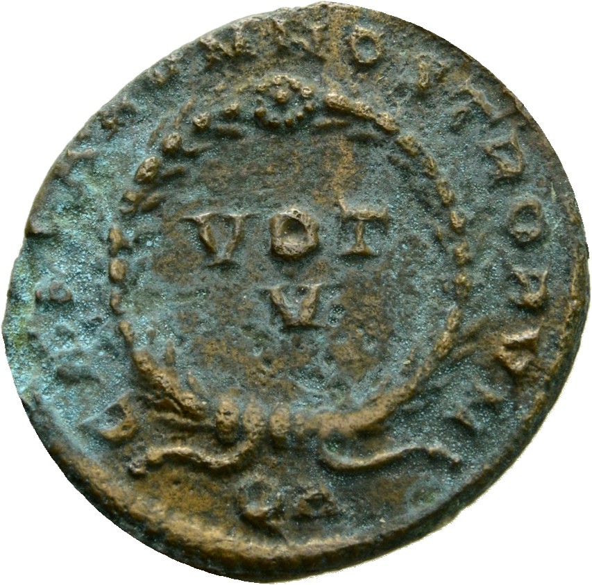 RIC VII Arelate 232 Constantine I reverse, VOT/V within a laurel wreath