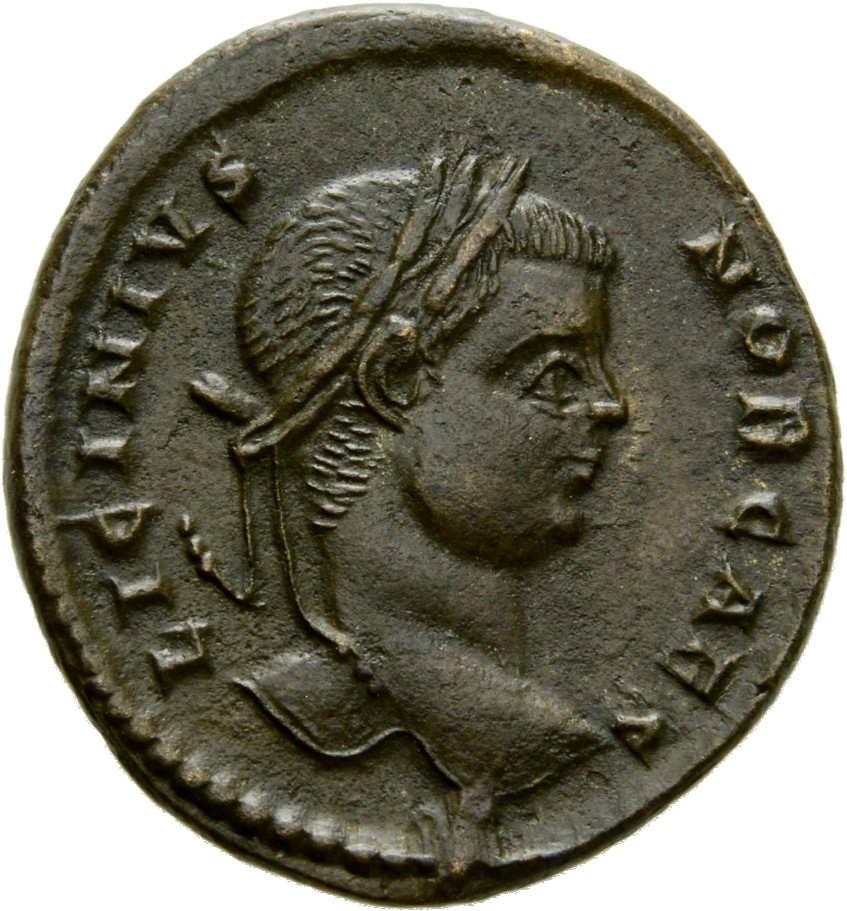 RIC VII Arelate 236 Constantine I obverse, Head of Licinius II, laureate, right
