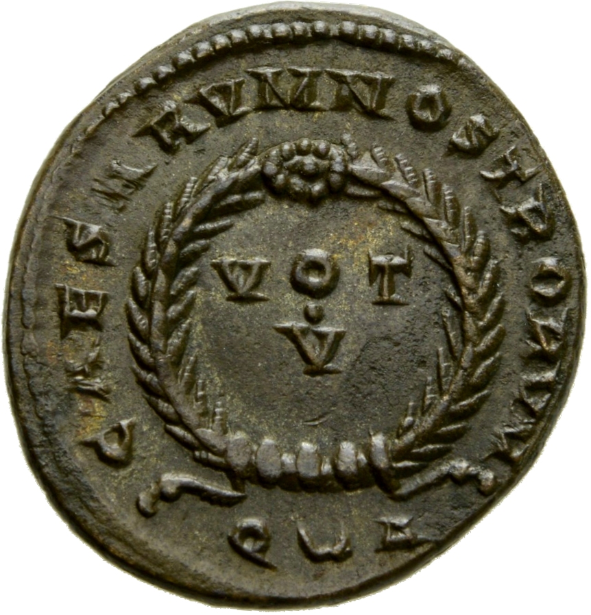 Constantine I reverse — VOT/V within a laurel wreath