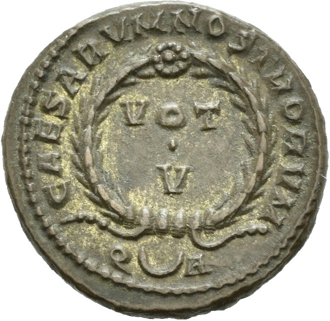 RIC VII Arelate 237 Constantine I reverse, VOT/V within a laurel wreath