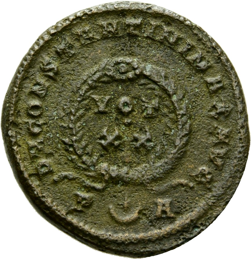 RIC VII Arelate 239 Constantine I reverse, VOT/XX within a laurel wreath