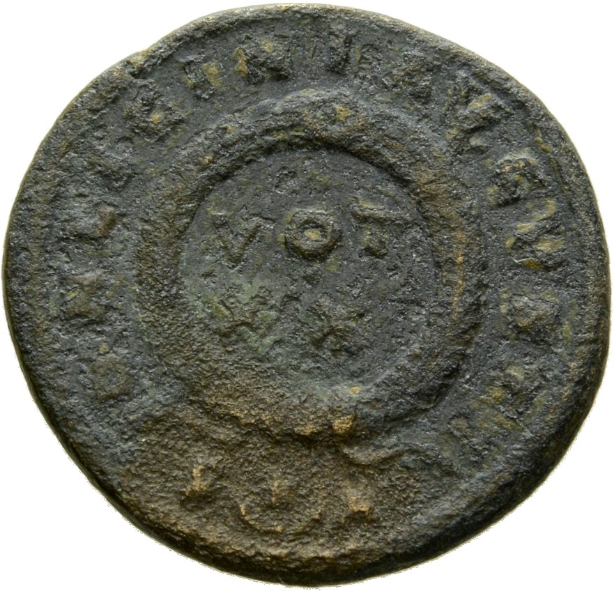 Constantine I reverse — VOT/XX within a laurel wreath