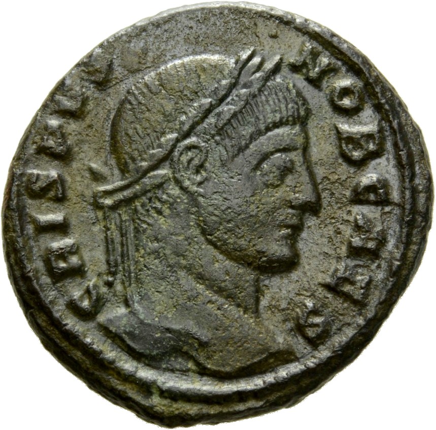 Constantine I obverse — Head of Crispus, laureate, right