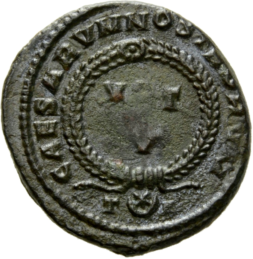 Constantine I reverse — VOT/V within a laurel wreath