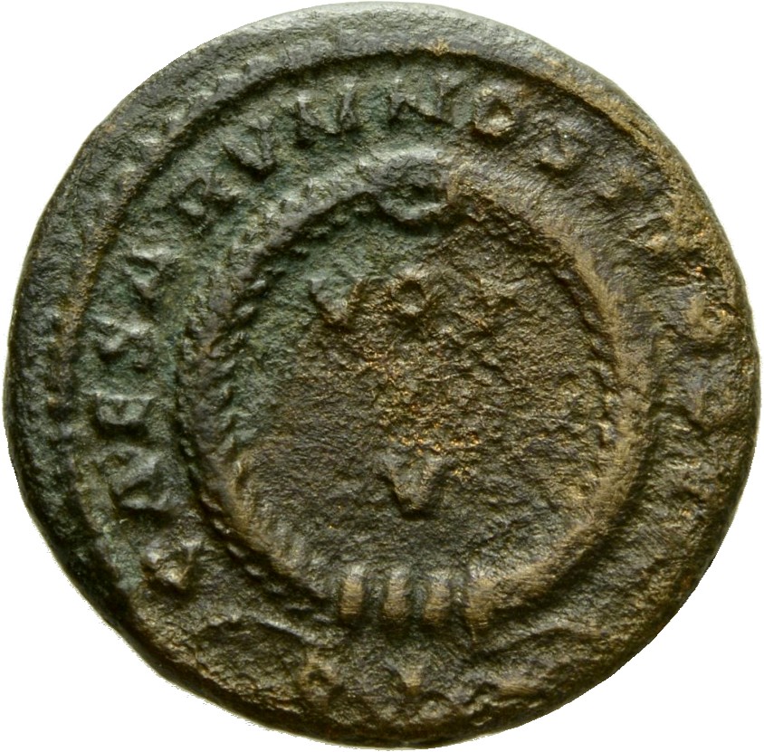 Constantine I reverse — VOT/V within a laurel wreath