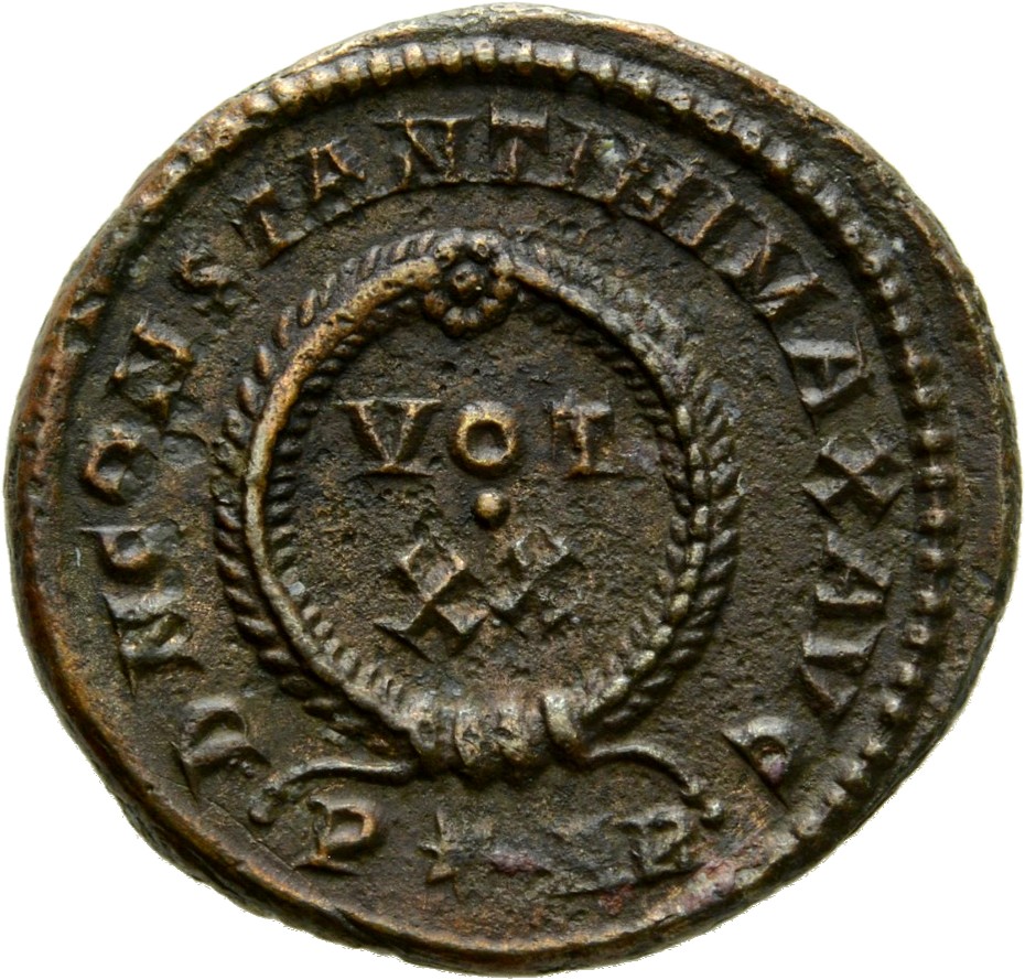 RIC VII Arelate 252 Constantine I reverse, VOT/XX within a laurel wreath
