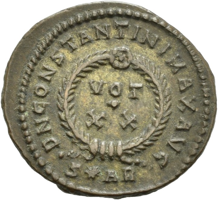RIC VII Arelate 252 Constantine I reverse — VOT/XX within a laurel wreath