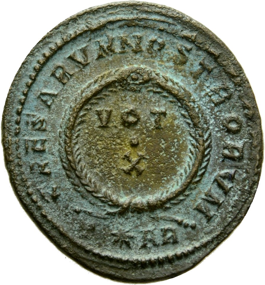RIC VII Arelate 254 Constantine I reverse, VOT/X within a laurel wreath