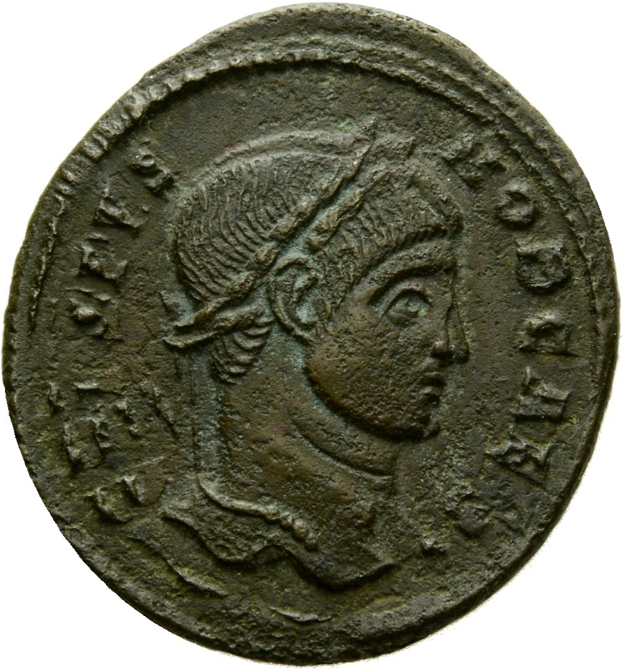 Constantine I obverse — Head of Crispus, laureate, right