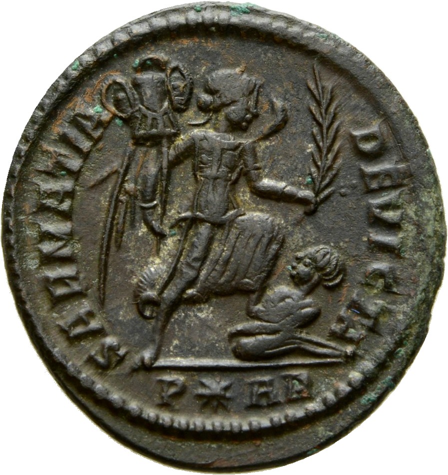 RIC VII Arelate 257 Constantine I reverse, Victory, winged, draped, advancing right, holding trophy in right hand and palm...