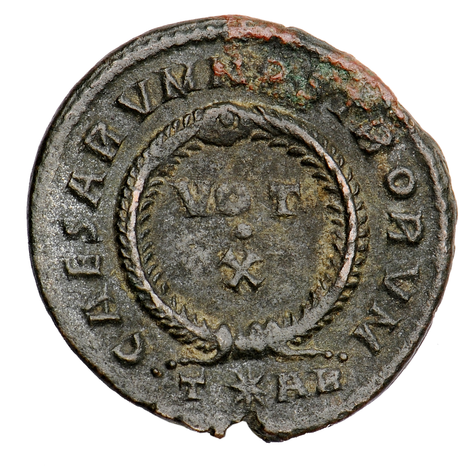 RIC VII Arelate 259 Constantine I reverse, VOT/X within a laurel wreath