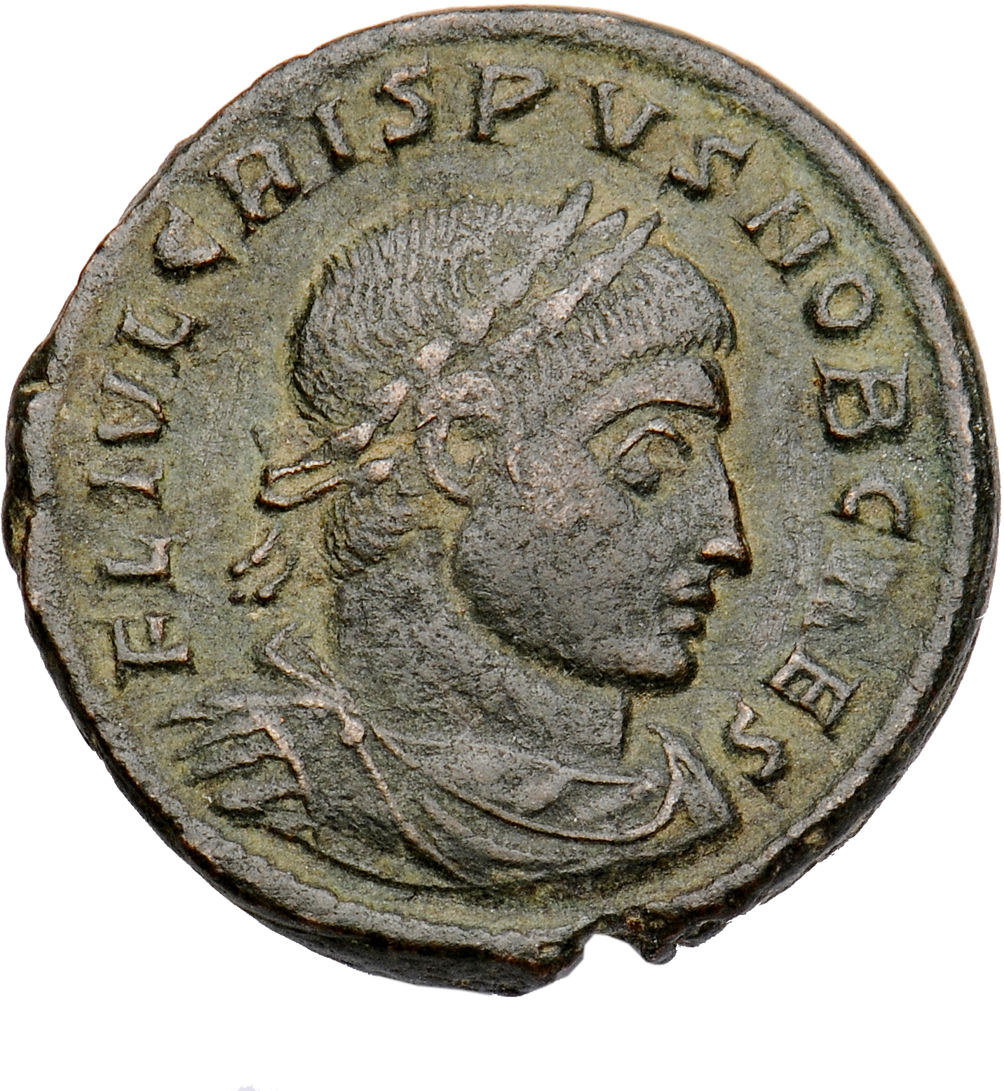 RIC VII Arelate 259 Constantine I obverse, Bust of Crispus, laureate, draped, cuirassed, right
