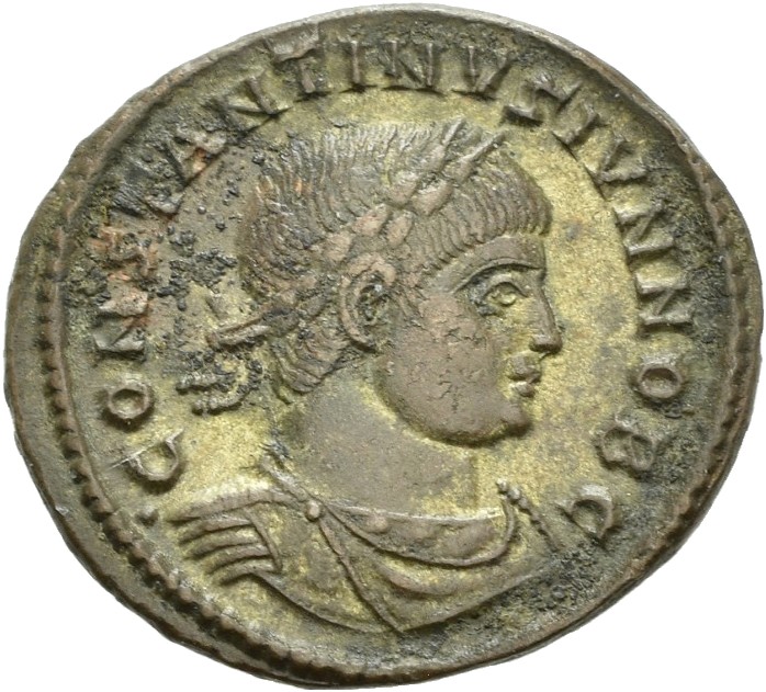 RIC VII Arelate 261 Constantine I obverse — Bust of Constantine II, laureate, draped, cuirassed, right