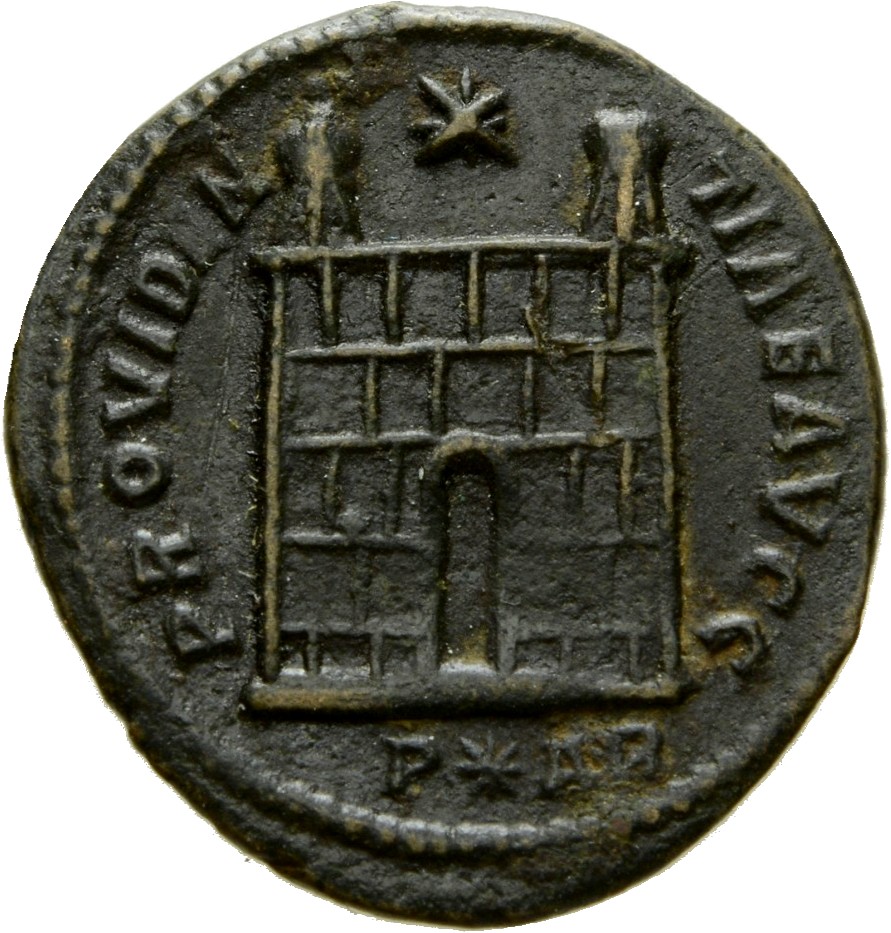 RIC VII Arelate 264 Constantine I reverse, Camp gate with two turrets, without doors, varying number of stone layers; star...