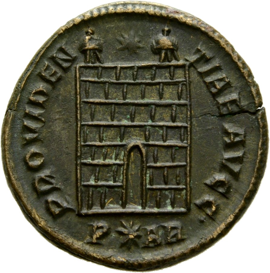 Constantine I reverse — Camp gate with two turrets, without doors, varying number of stone layers; star above
