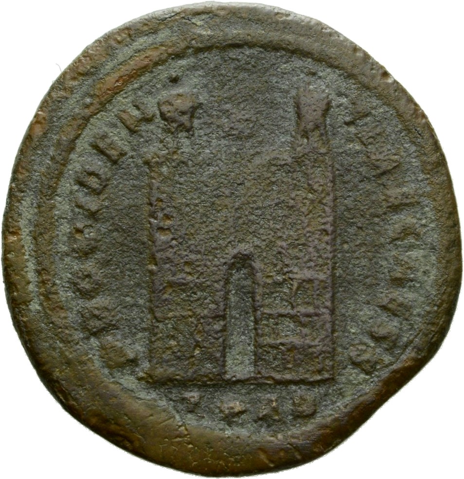 RIC VII Arelate 269 Constantine I reverse, Camp gate with two turrets, without doors, varying number of stone layers; star...