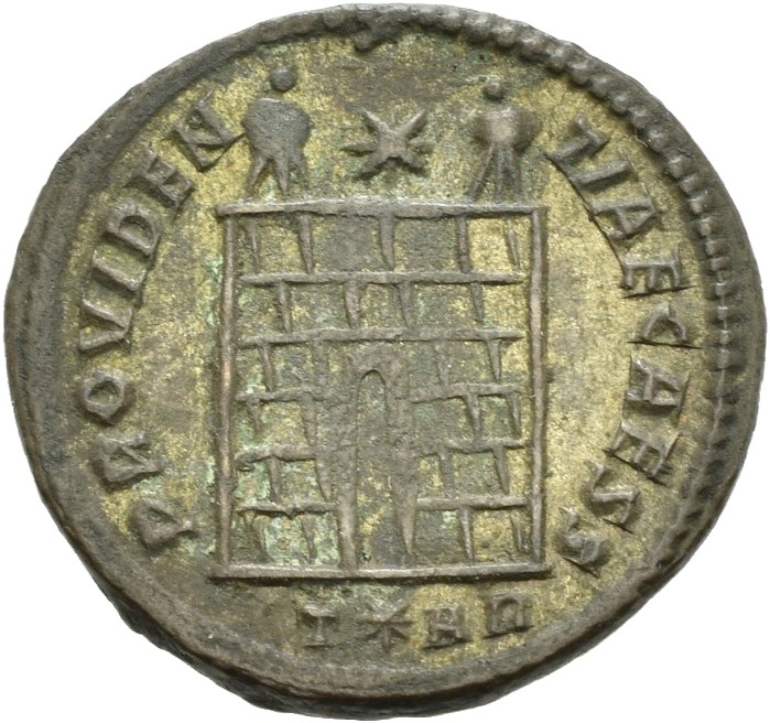 RIC VII Arelate 273 Constantine I reverse, Camp gate with two turrets, without doors, varying number of stone layers; star...