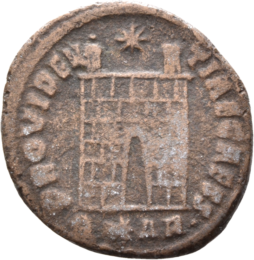 RIC VII Arelate 283 Constantine I reverse, Camp gate with two turrets, without doors, varying number of stone layers; star...