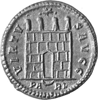 RIC VII Arelate 286 Constantine I reverse, Camp gate with two turrets, without doors, varying number of stone layers; star...