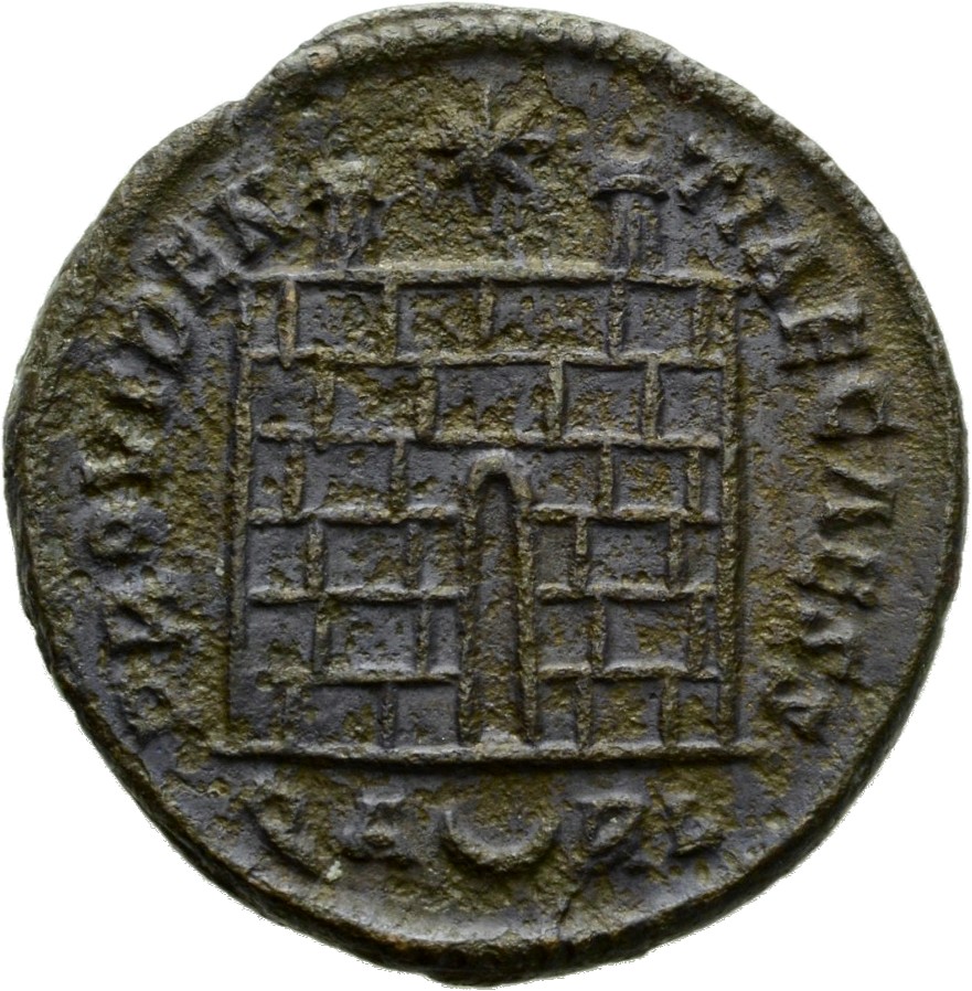 RIC VII Arelate 290 Constantine I reverse, Camp gate with two turrets, without doors, varying number of stone layers; star...