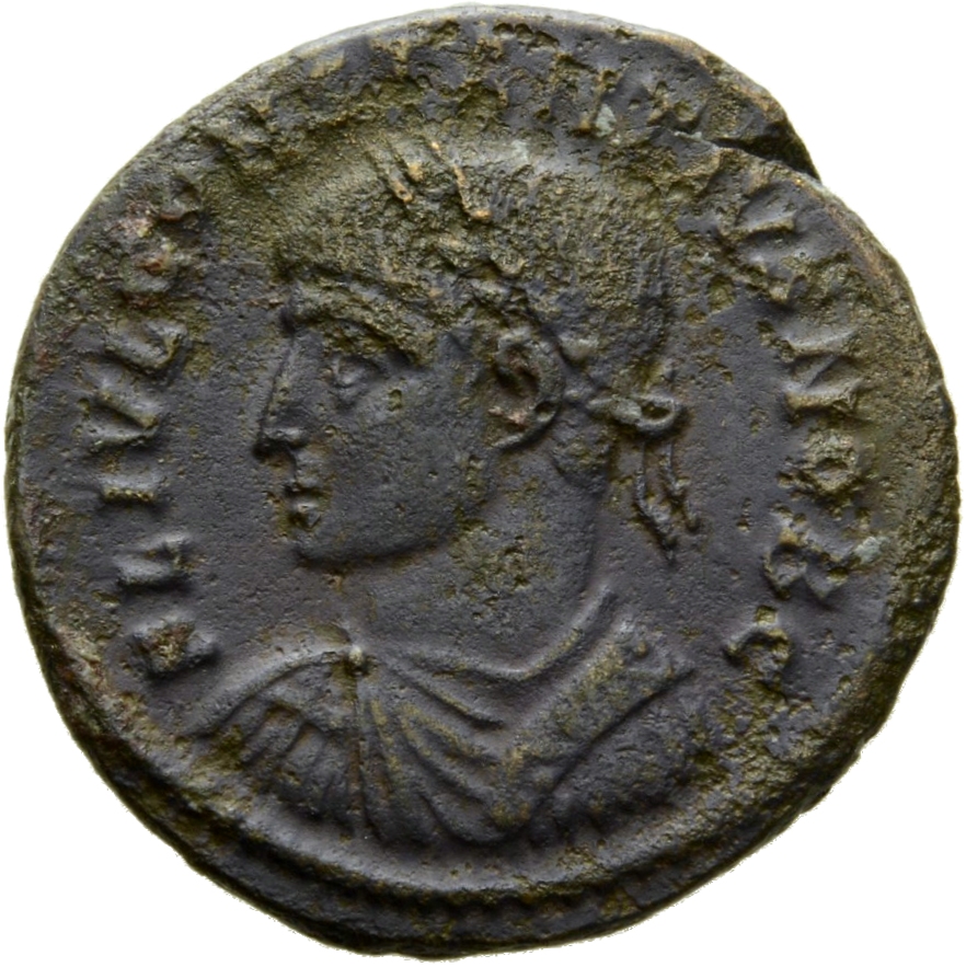 RIC VII Arelate 290 Constantine I obverse, Bust of Constantius II, laureate, draped, cuirassed, left