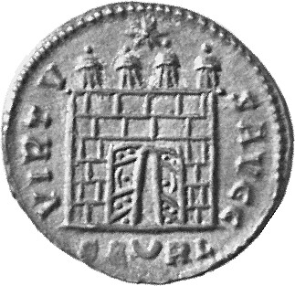 RIC VII Arelate 291 Constantine I reverse, Camp gate with four turrets, open doors, varying number of stone layers; star a...
