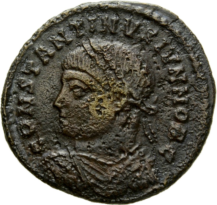 Constantine I obverse — Bust of Constantine II, laureate, draped, cuirassed, left