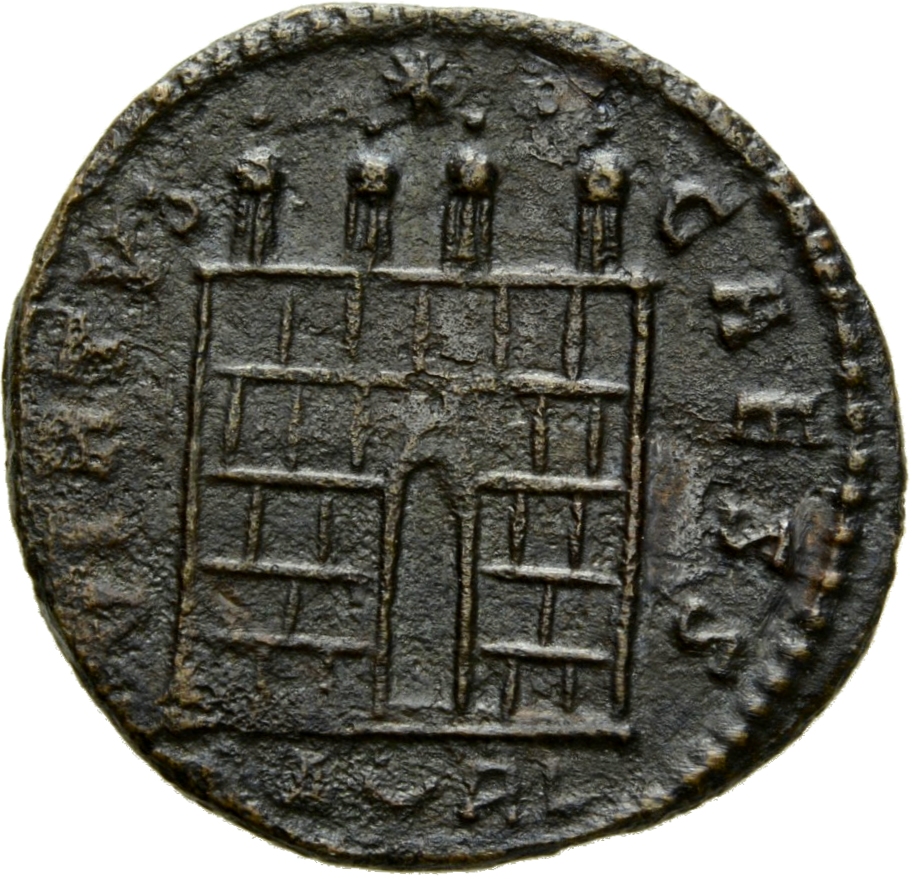 Constantine I reverse — Camp gate with four turrets, open doors, varying number of stone layers; star above